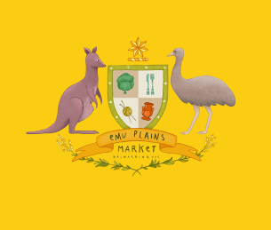 A bright yellow backgroound with a cartoon style coat of arms with Kangaroo on left and Emu on right.  The banner below says Emu Plains and below that it says market